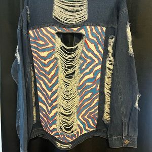 Distressed Denim Jean Jacket with Colorful Back Panel